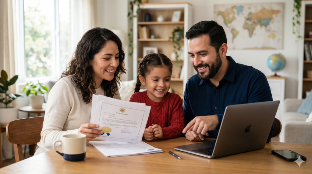 Family reviewing an apostilled U.S. birth certificate online with a laptop