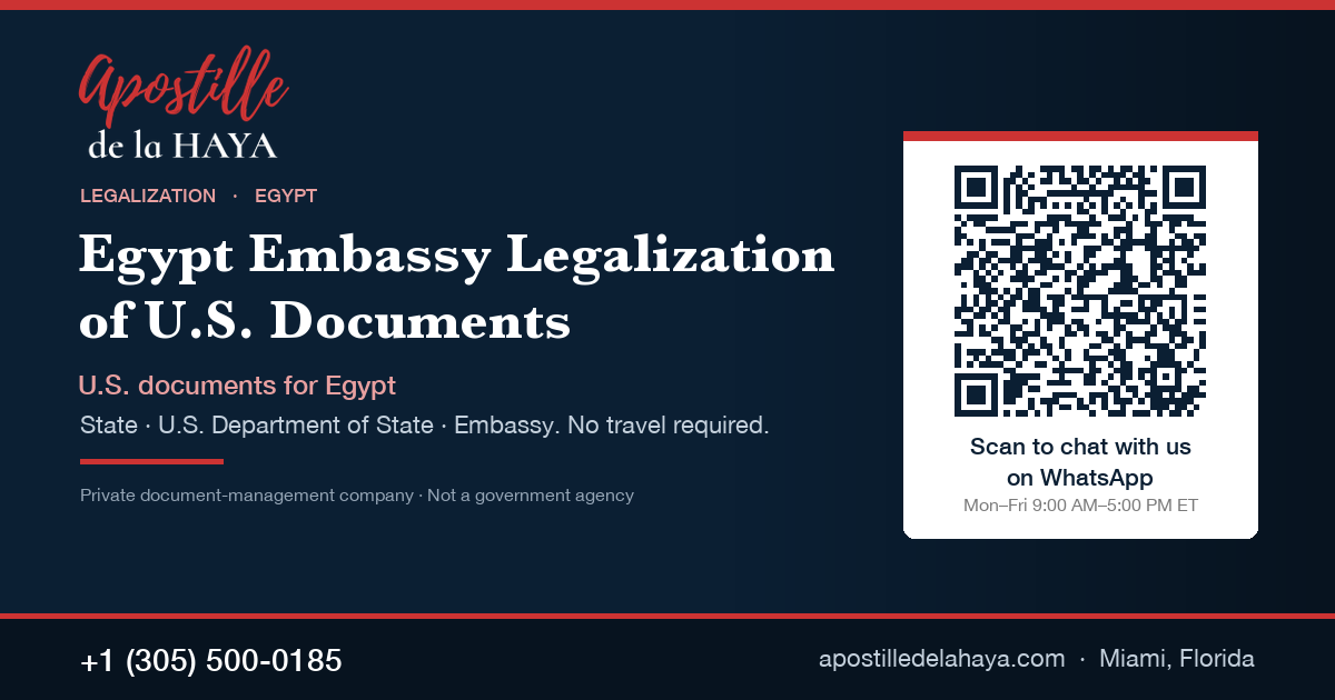 Egypt embassy legalization of U.S. documents — Apostille de la Haya, WhatsApp +1 (305) 500-0185