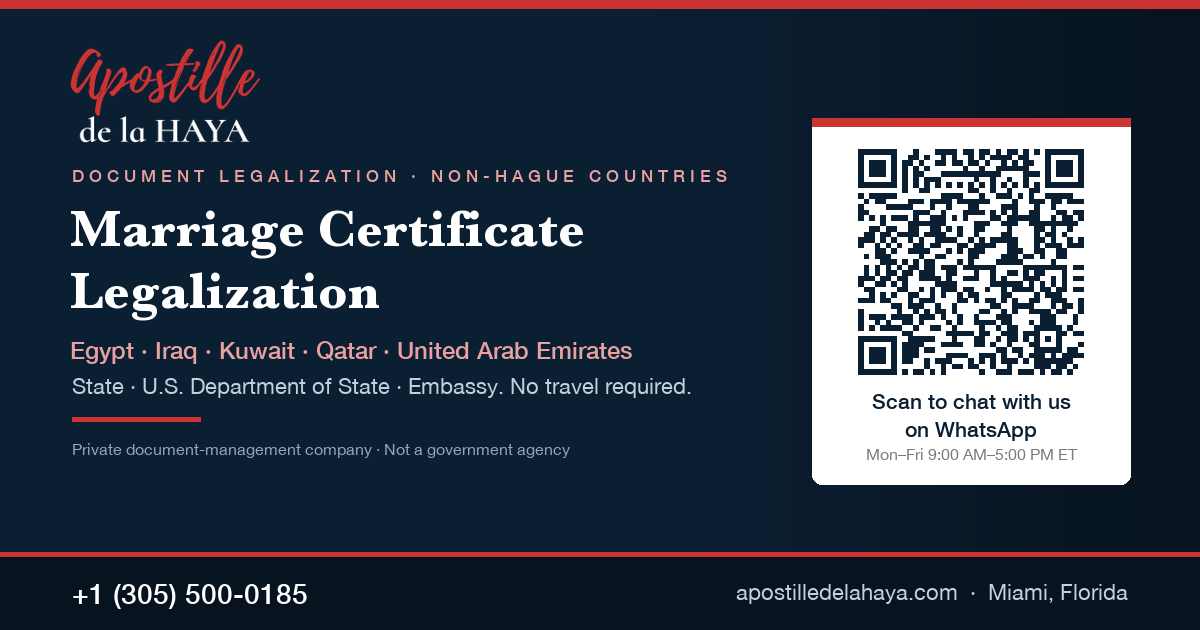 Marriage certificate legalization for Egypt, Iraq, Kuwait, Qatar and the UAE — Apostille de la Haya, WhatsApp +1 (305) 500-0185