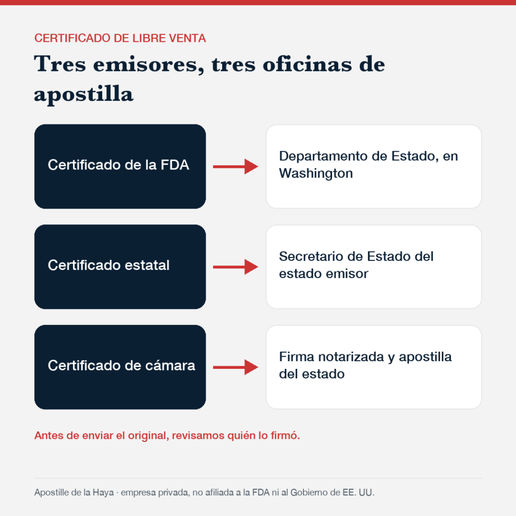 Certificado de libre venta: tres emisores y tres oficinas de apostilla
