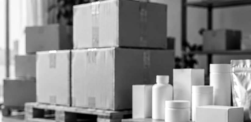 Cartons and product containers on a pallet, ready to export with their export certificate