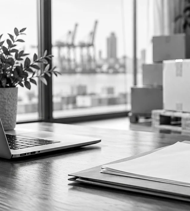 An exporter's desk with a view of a cargo port