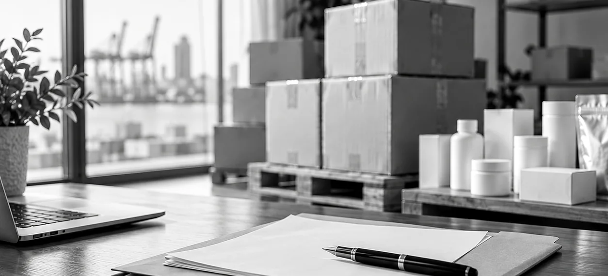 Exporter's office with a folder of documents, cartons ready to ship and the port in the background