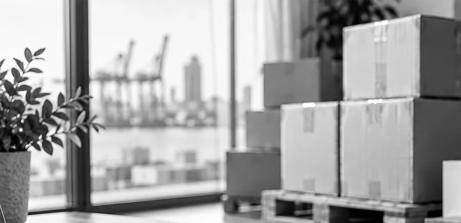 Work desk with a view of the cargo port that ships products abroad
