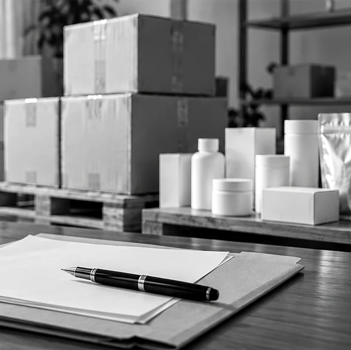 Cajas de exportación selladas junto a envases de productos